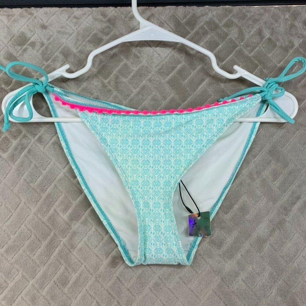 Atmosphere Womens 8 Bathing Suit Bikini Bottoms Turquoise Blue Geometric Pom Pom
